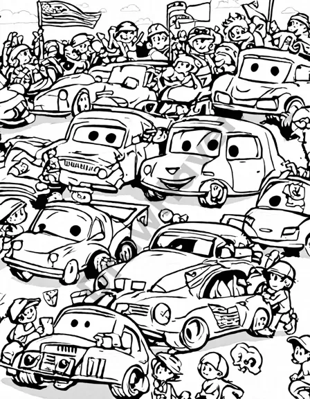 coloring page featuring race cars & trucks on track, with cheering crowds & finish line in black and white