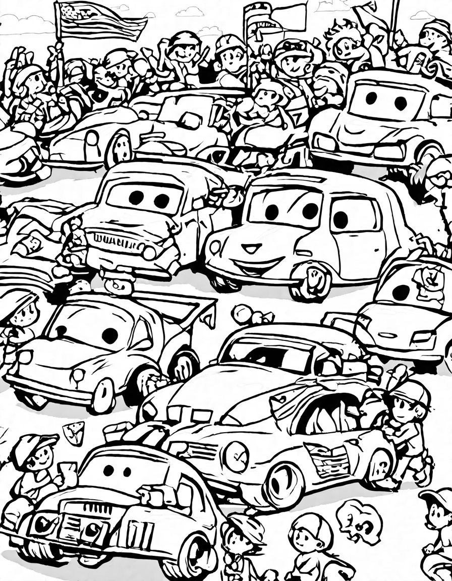 coloring page featuring race cars & trucks on track, with cheering crowds & finish line in black and white