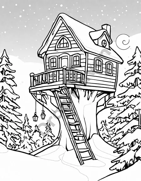 Coloring book image of magical winter wonderland treehouse with icicles, snowy steps, and forest animals around in black and white
