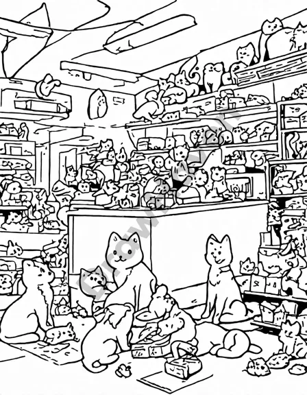 Coloring book image of bustling pet shop showcasing playful puppies, skilled grooming, exotic reptiles, and feathered friends in black and white