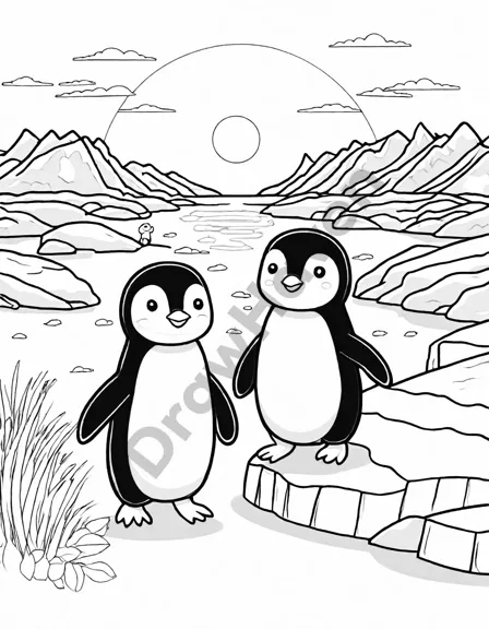 Coloring book image of adorable penguin colony waddles gracefully across icy expanse of iceberg in antarctica in black and white