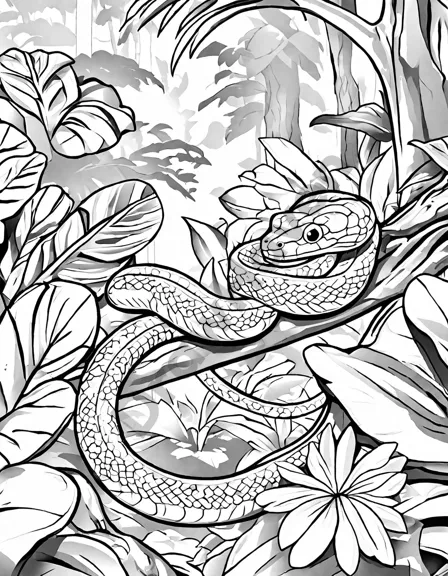 coloring page of a jungle safari with snakes like boa constrictors and vipers amidst lush foliage in black and white