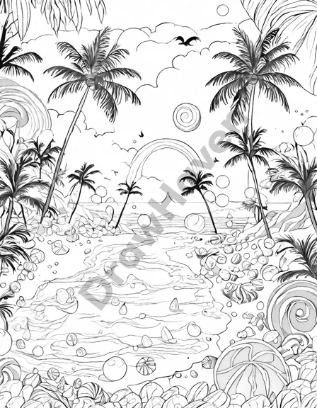 Coloring book image of sugary shores in candy land with sugar sand beaches, gumdrop boulders, and candy cane palm trees in black and white