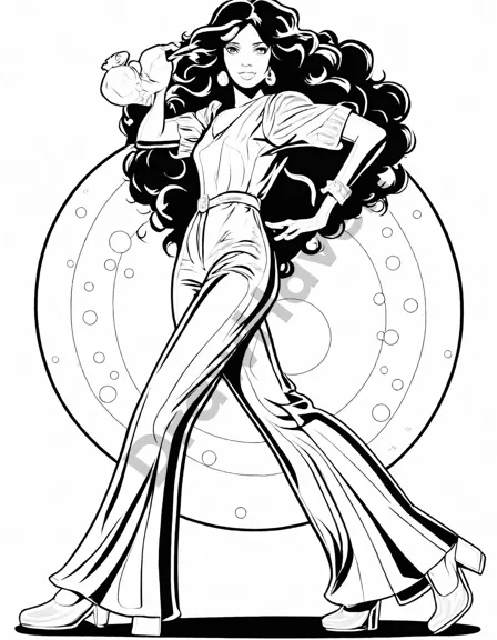 70s disco glamour coloring page with a figure in a shimmering bell-bottom jumpsuit, feathered hair, and a disco ball in black and white