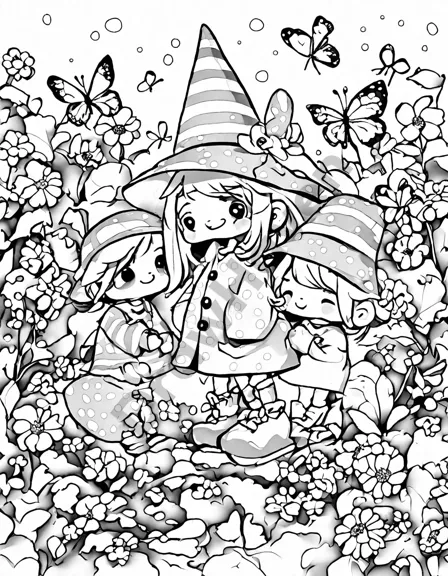 coloring book page featuring giggling goblins in a garden with flowers, butterflies, and garden gnomes in black and white