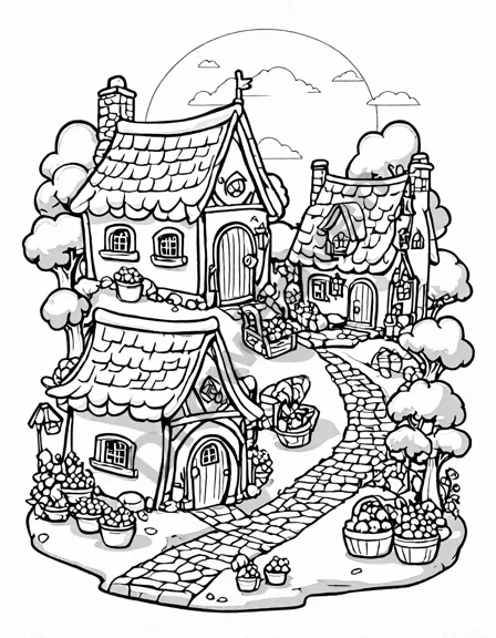 Coloring book image of enchanted village with magical cobbled streets, quaint cottages, and lively market stalls in black and white