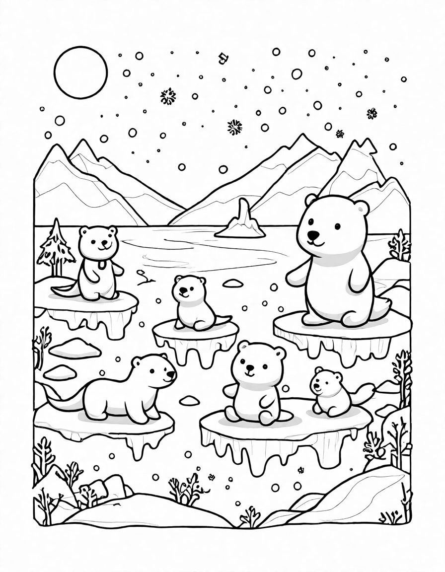 coloring page featuring narwhals, seals, polar bears, icebergs under the northern lights in the arctic sea in black and white