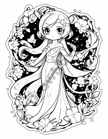 intricate coloring page of gardevoir, the psychic and fairy-type pokémon, emerging from a vortex of vibrant hues with elegant tendrils and intricate patterns in black and white