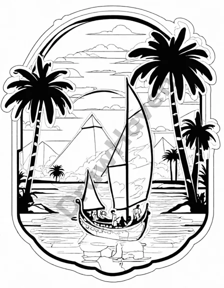 Coloring book image of royal barge on nile river with pharaoh, pyramids, and sunset, depicting ancient egyptian civilization in black and white