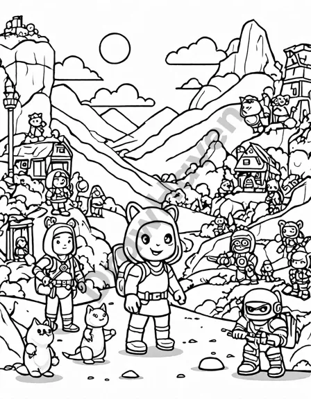 coloring book page of epic battle in action figure valley with heroes, villains, and exclusive toys in black and white