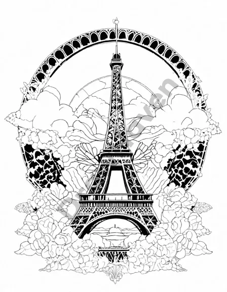 intricate coloring book page of the eiffel tower surrounded by soft pink and gold clouds, capturing the glow of the parisian sunrise in black and white