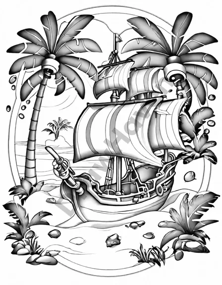coloring page of treasure hunting on pirate's cove with a map, palm trees, and pirate ship in black and white