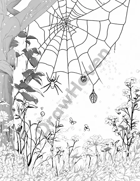 coloring page of a dew-covered spider's web at dawn in a bug-filled garden in black and white