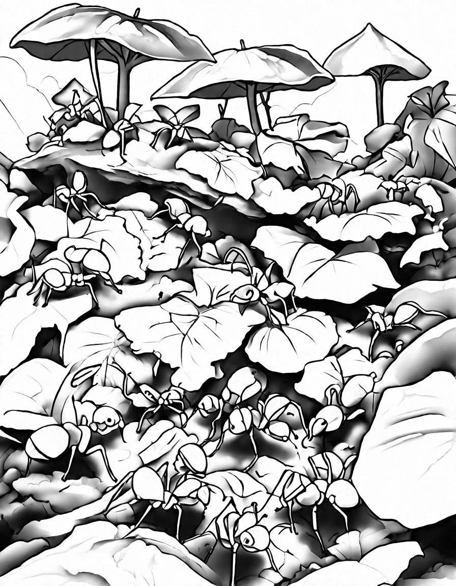 leafcutter ants carrying leaves in a detailed coloring book page showcasing their underground colony in black and white