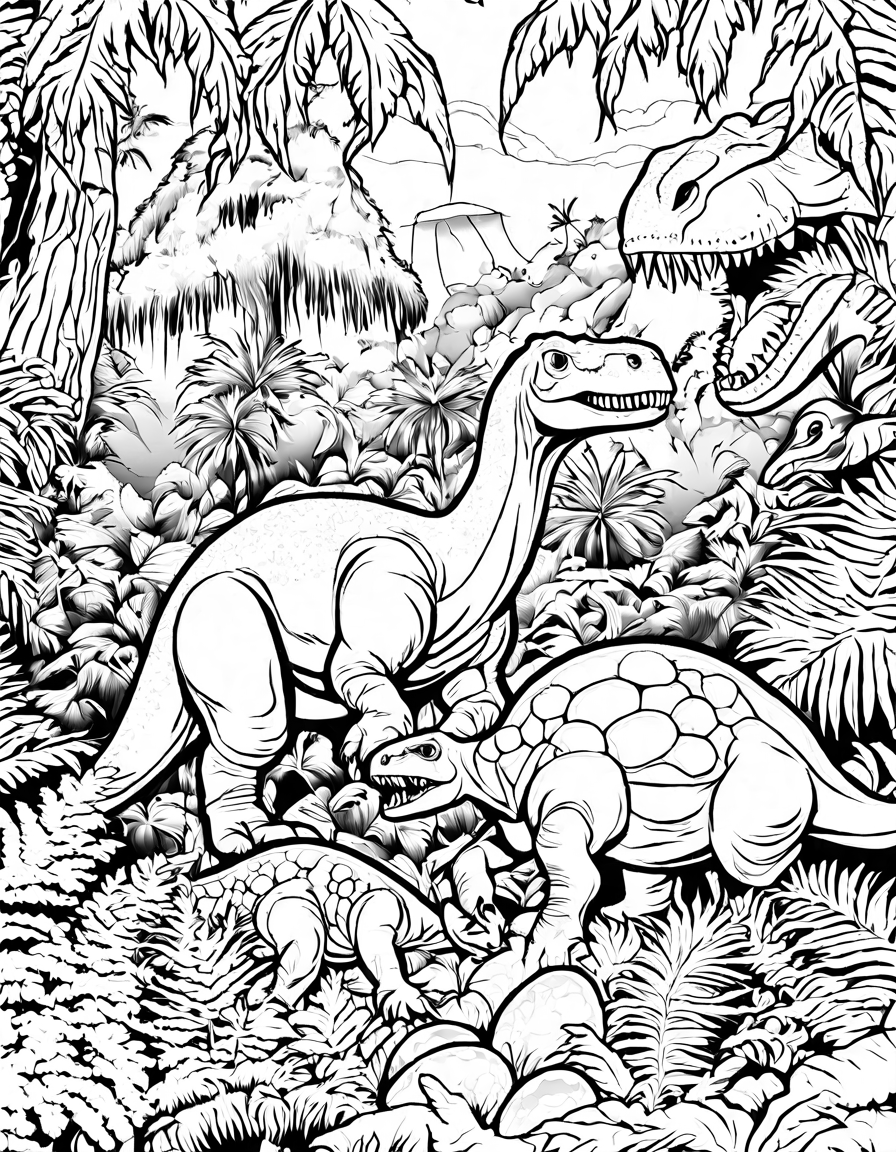 coloring page of children discovering dinosaur eggs in a prehistoric jungle in black and white