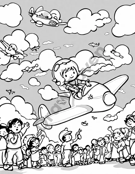 coloring page of a stunt plane performing a loop-the-loop at an air show with spectators in black and white