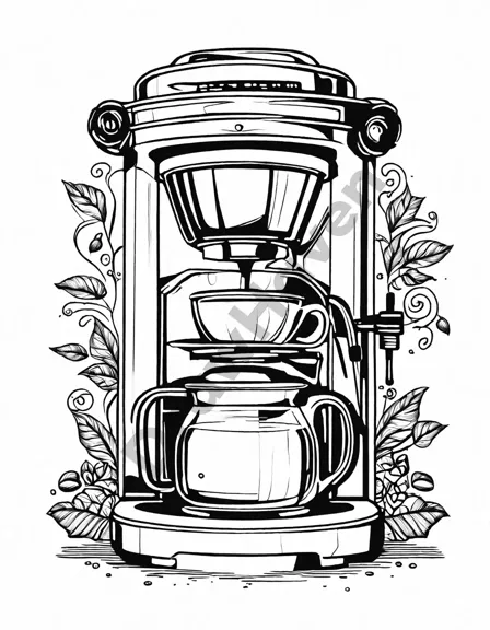 Coloring book image of cozy coffee corner with intricate patterns, freshly brewed cup, coffee maker, grinder, and mugs in black and white