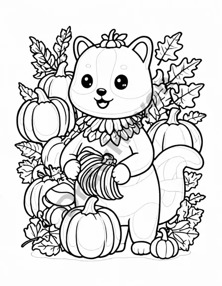 coloring page of a cornucopia filled with various squashes and autumn leaves, perfect for fall in black and white