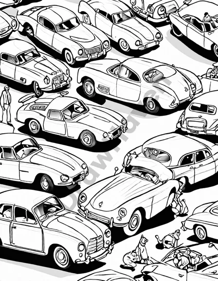 coloring page featuring iconic international cars including rolls-royce phantom and alfa romeo giulia in black and white