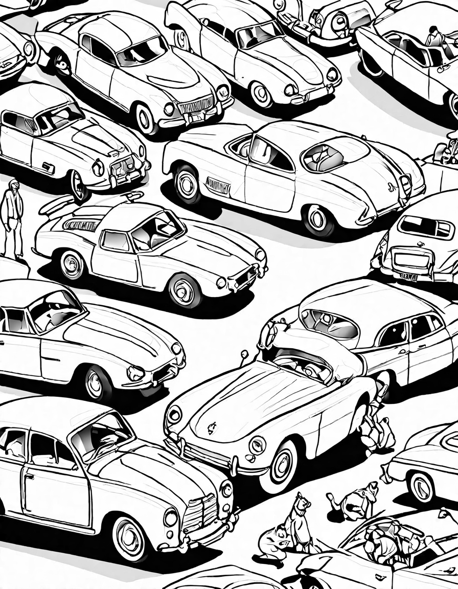 coloring page featuring iconic international cars including rolls-royce phantom and alfa romeo giulia in black and white