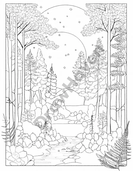 misty morning in a pine forest with tall trees, dewy branches, ferns, and gentle sun rays - coloring page design in black and white