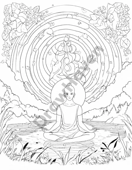 serene coloring book image of person in lotus position under starry sky surrounded by nature - perfect for mindfulness and relaxation in black and white
