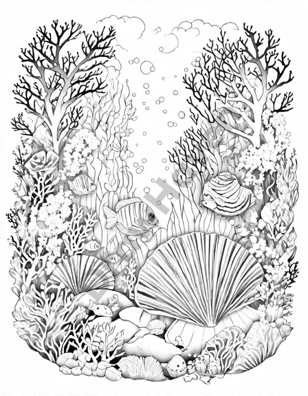 intricate coloring page featuring hidden seashells, vibrant coral reefs, and playful fish in a mesmerizing lagoon scene in black and white