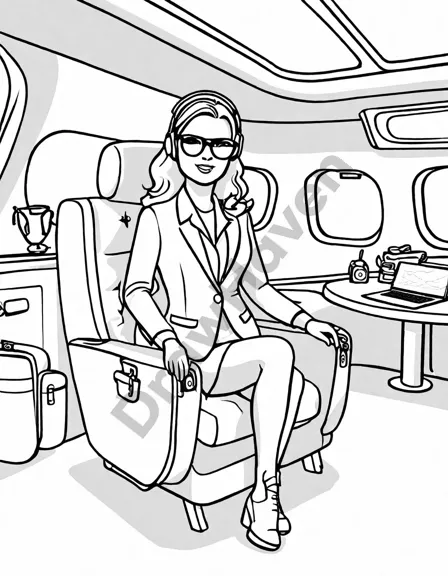 coloring book image of luxury private jets on a runway, highlighting wealth and style in black and white