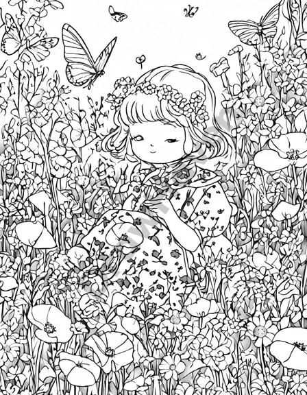 intricate coloring book page featuring a secret garden with blooming daisies, lilies, and poppies, and a hidden fairy with fluttering wings in black and white