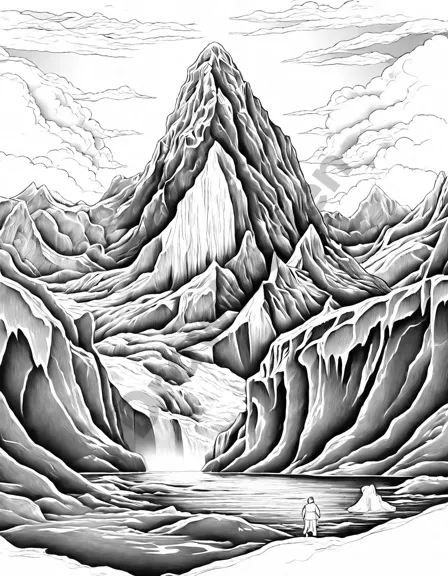journey to the frozen north in this detailed coloring book page. icebergs resembling mythical creatures float gracefully in shimmering polar waters under the midnight sun, offering a breathtaking spectacle of colors in black and white