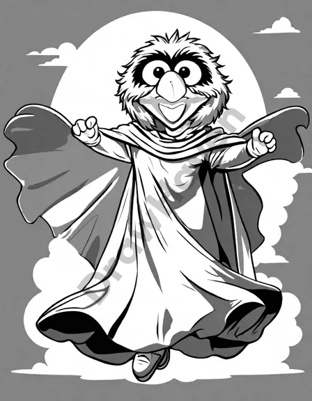 vibrant adventures of super grover coloring scene featuring a joyful, caped grover soaring through the skies in black and white