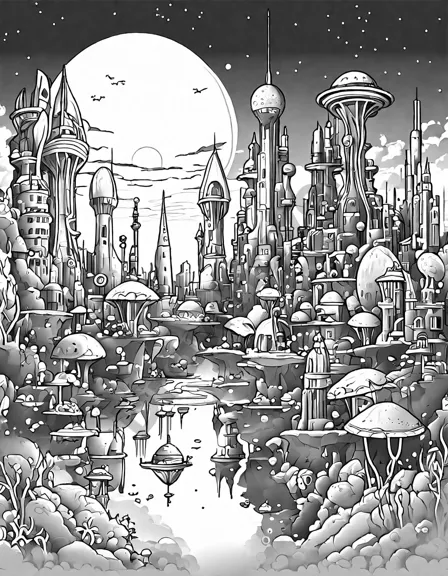 coloring book page of an underwater alien city with bio-luminescent structures and alien sea creatures in black and white