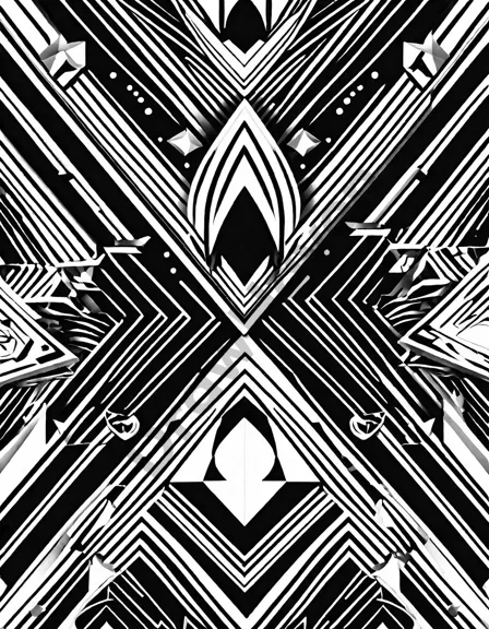 Coloring book image of intricate art deco geometric design with sharp angles, sweeping curves, and luxurious motifs in black and white