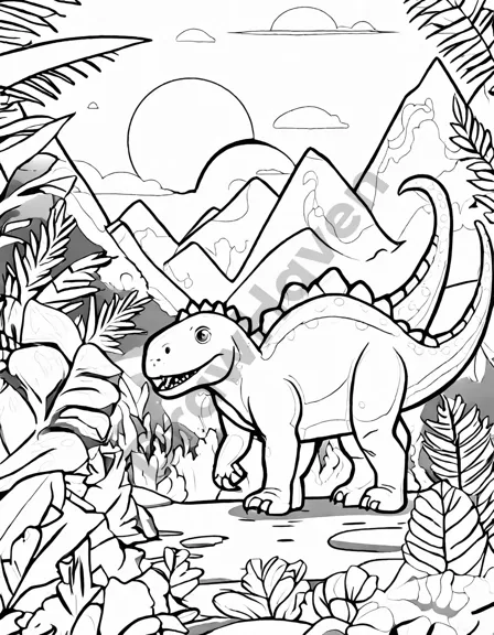 coloring book page featuring dinosaur footprints in a prehistoric forest at dawn, ready for coloring in black and white