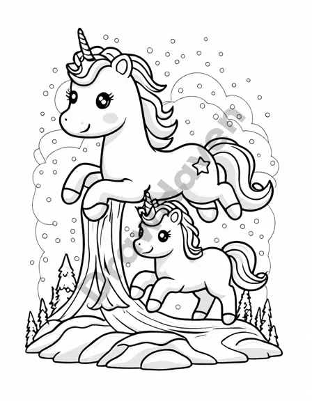 Coloring book image of majestic unicorns in a snow landscape under aurora borealis with an ice castle in black and white