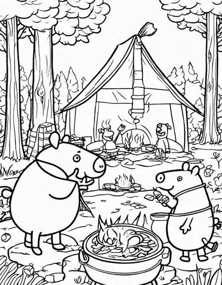 Coloring book image of peppa pig and her family enjoy a camping adventure in the forest, surrounded by sunshine and nature in black and white