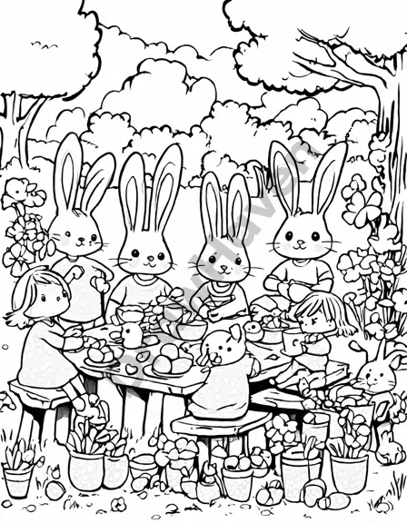 Coloring book image of children decorating easter eggs with paint and brushes at a wooden table, surrounded by flowers and bunnies in black and white