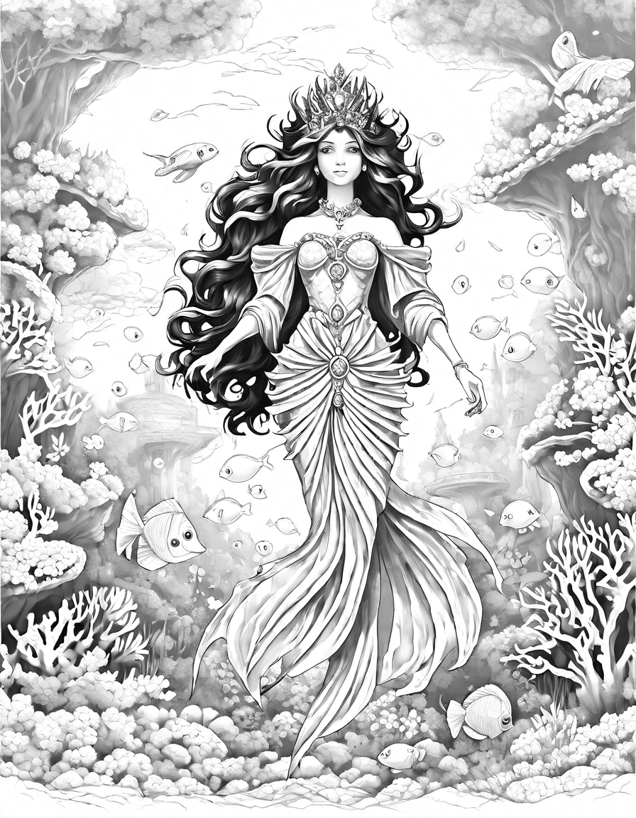 coloring page of lost city of atlantis with intricate underwater palaces, coral reefs, merfolk, crystal spires, and sea creatures for creative enthusiasts in black and white