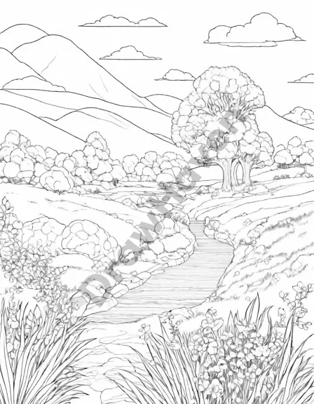 Coloring book image of monet's impressionism book page with vibrant hues and brushstrokes of ethereal landscapes in black and white