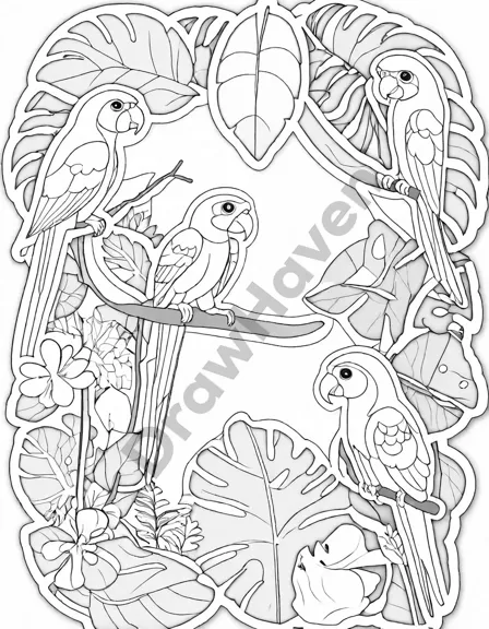coloring page of rainforest canopy with parrots, monkeys, a chameleon, and a sloth in black and white
