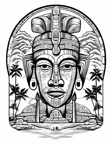 coloring page featuring moai statues of easter island, with distinct features and ancient landscape in black and white