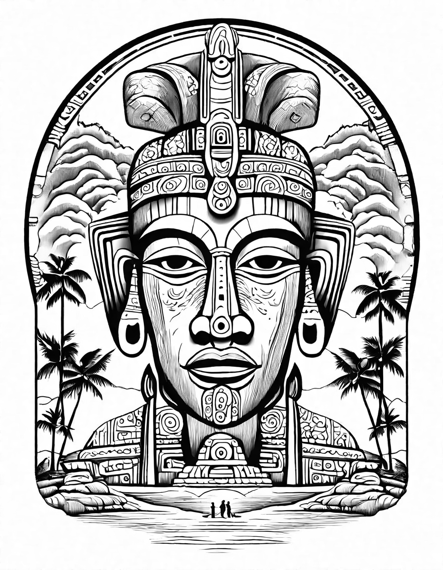coloring page featuring moai statues of easter island, with distinct features and ancient landscape in black and white