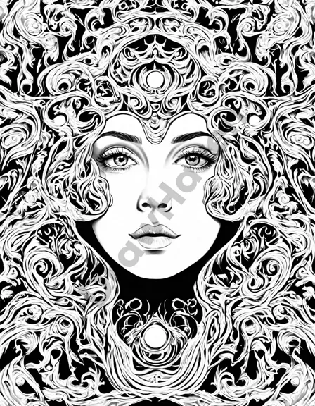 surrealist coloring book of faces morphing into abstract forms in black and white