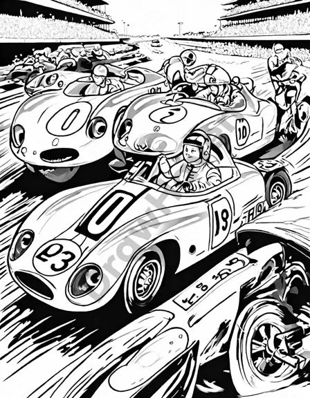 nostalgic racing legends coloring page featuring iconic vehicles from le mans and indianapolis 500 races in black and white