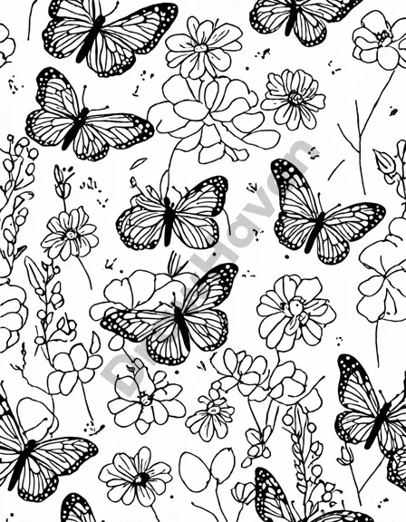 coloring book image of monarch butterflies in a vibrant meadow at sunset in black and white