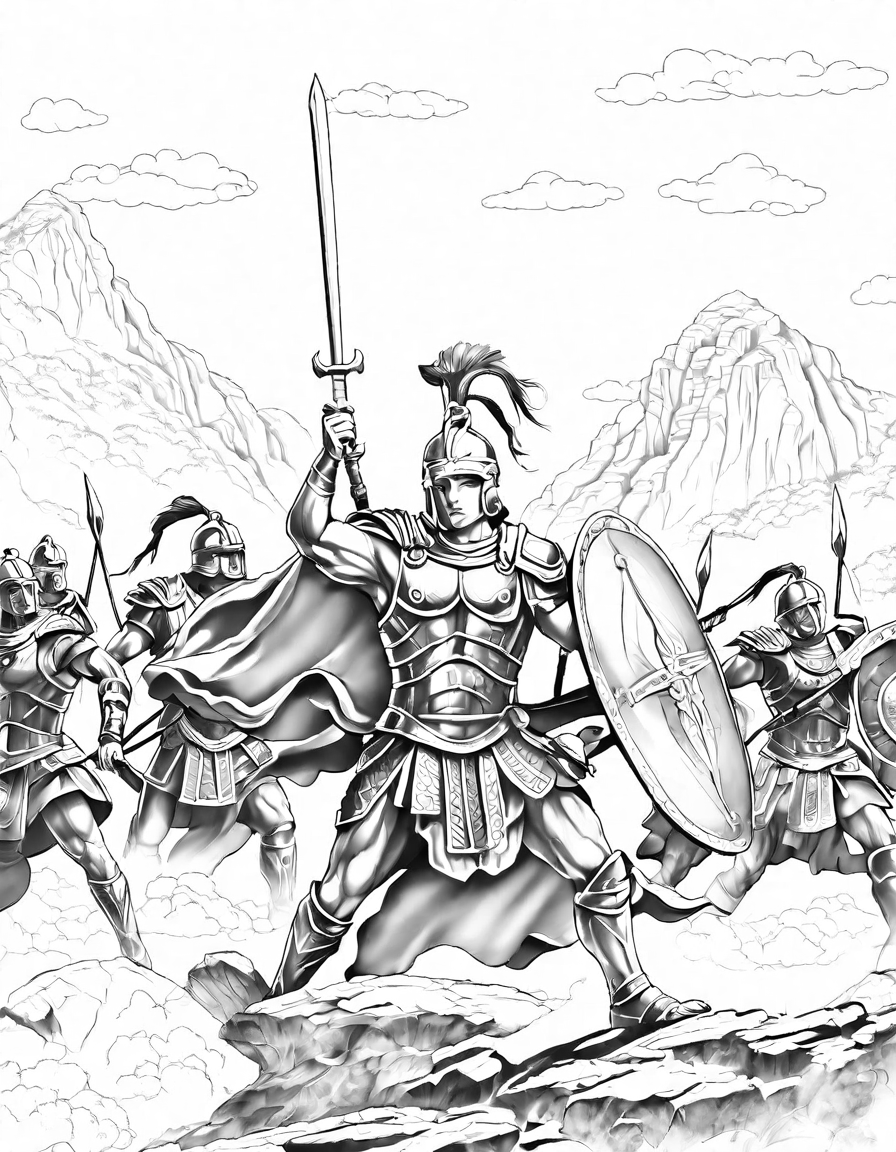 vivid spartan warriors coloring book page set in ancient greece, featuring detailed soldiers in battle with helmets, shields, and spears in black and white