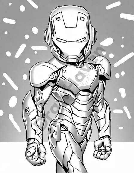 intricate depiction of iron man in dynamic red and gold armor, inviting artistic coloring in black and white