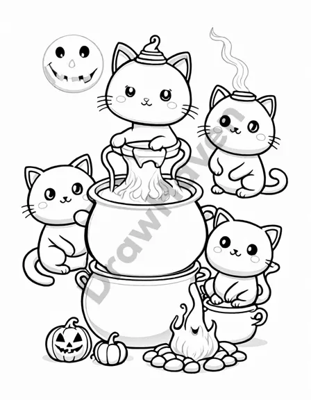 coloring page of three black cats and a cauldron with halloween motifs, perfect for fantasy lovers in black and white