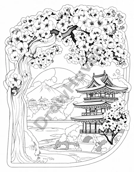 coloring page featuring cherry blossoms at japan's imperial palace in black and white