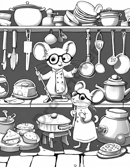 coloring page of the three blind mice navigating a kitchen maze in search of cheese in black and white